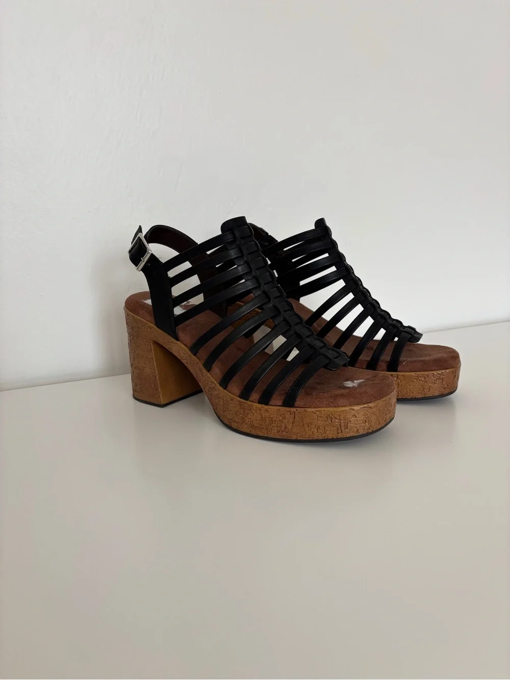 Strappy black boho heels